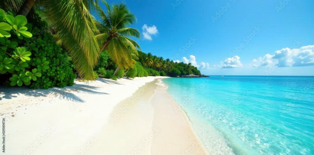 Naklejka premium Clear blue water meets powdery white sand, lush vegetation , scenery, waves, vibrant