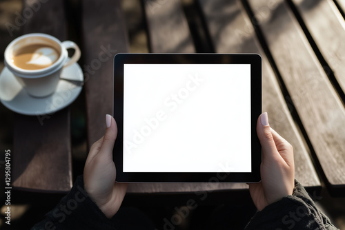 Woman s Hands Holding Tablet with Blank Screen Outdoor Coffee Shop Setting photo