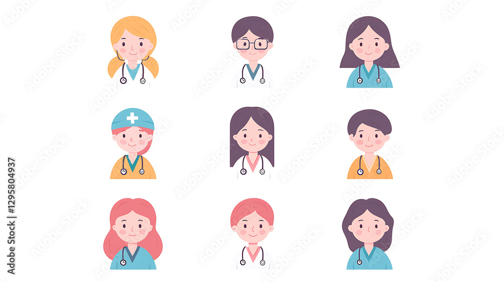 A group of cartoon characters are wearing medical uniforms A group of cartoon characters are wearing medical uniforms