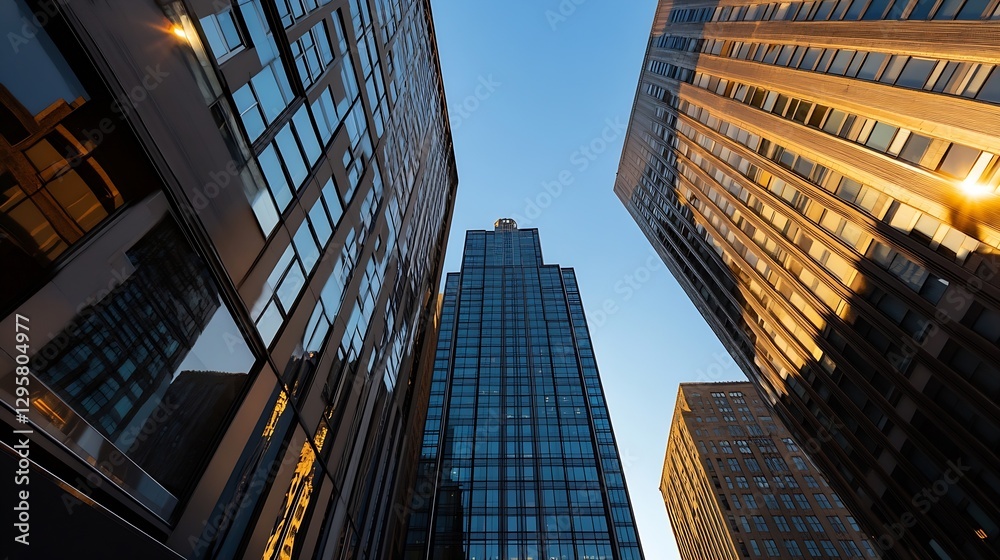 Naklejka premium Modern Urban Cityscape with Tall Buildings Reflecting Sunlight : Generative AI