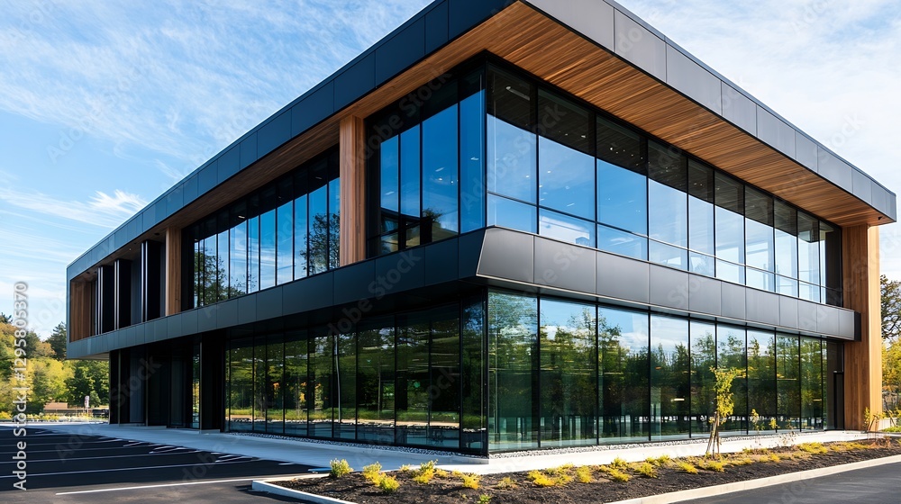 Fototapeta premium Modern eco friendly office building with glass windows surrounded by nature during clear blue skies : Generative AI