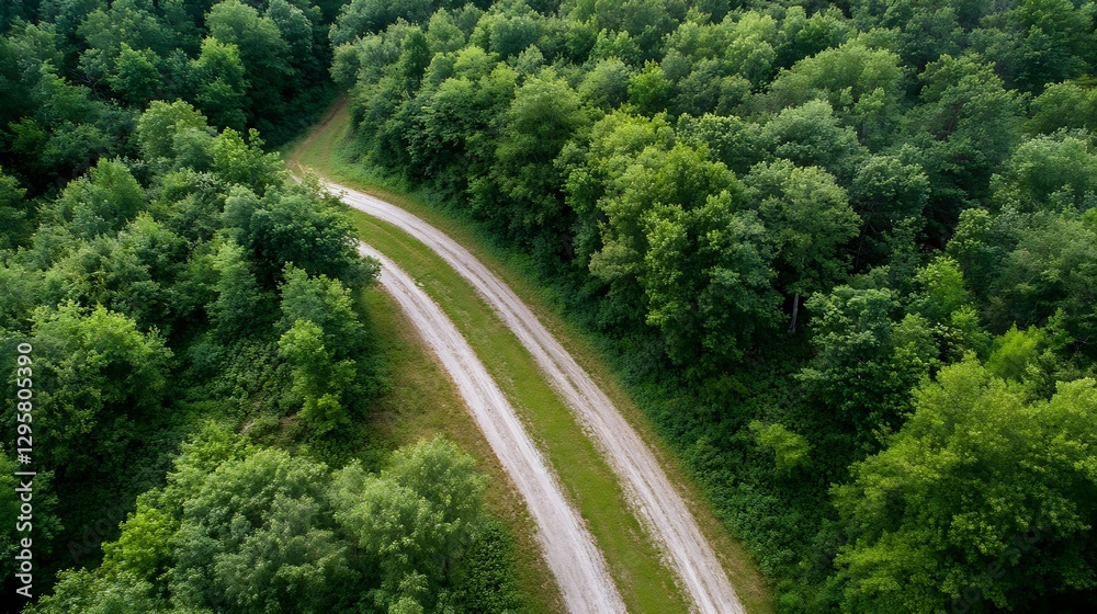 Aerial View of Winding Dirt Path Through Lush Green Forest Landscape : Generative AI Aerial View of Winding Dirt Path Through Lush Green Forest Landscape : Generative AI