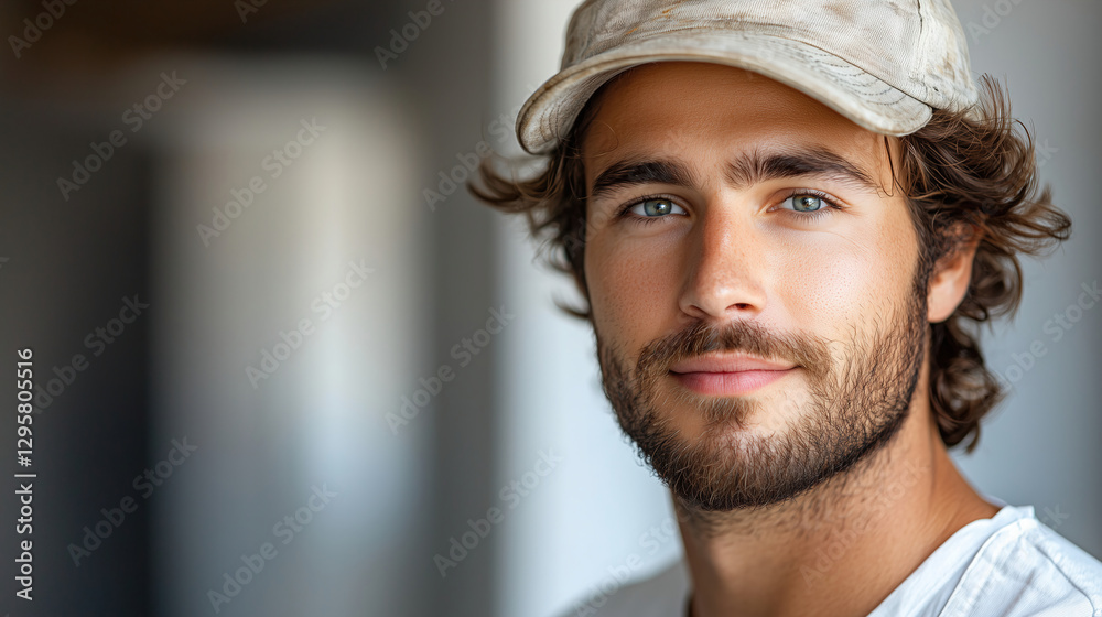 Obraz premium Young man with curly hair and confident smile wearing a light cap indoors during daylight hours. Generative AI