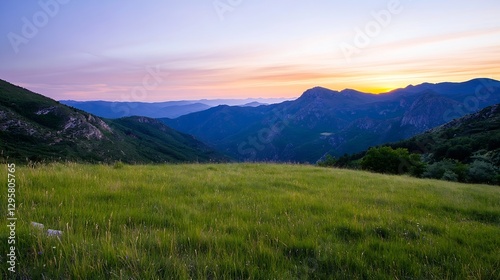 Breathtaking mountain landscape at sunset with grassy foreground : Generative AI