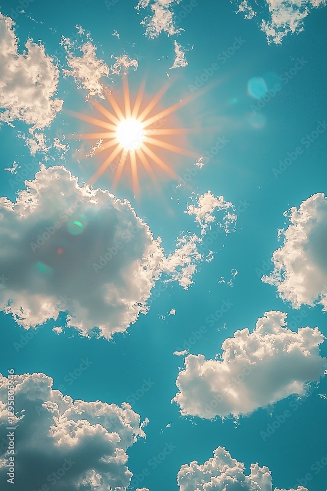 The sun is shining through the clouds in the blue sky