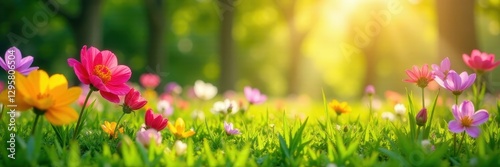 Vibrant blooms burst forth in summer's sun, lush green lawn surrounds , flower garden, spring, leaves