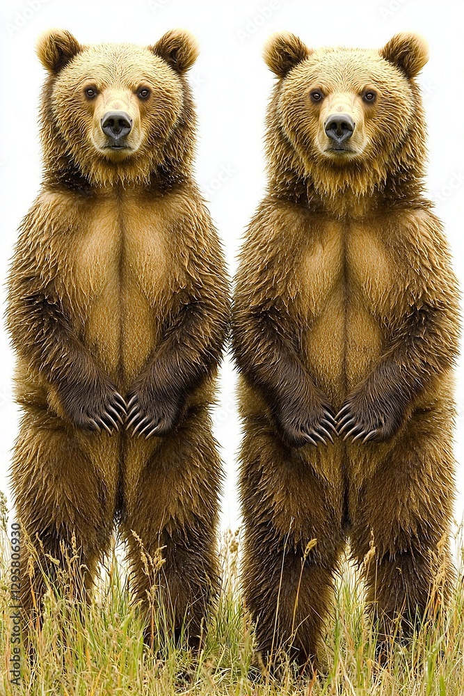 Fototapeta premium Two brown bears standing in a grassy field with their hands on their hips