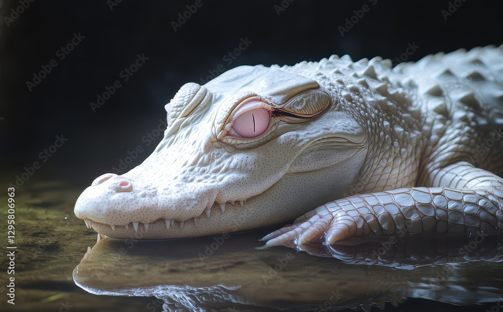 Obraz premium Albino crocodile resting on the water surface showcasing unique features and adaptations, highlighting wildlife beauty and environmental conservation necessity