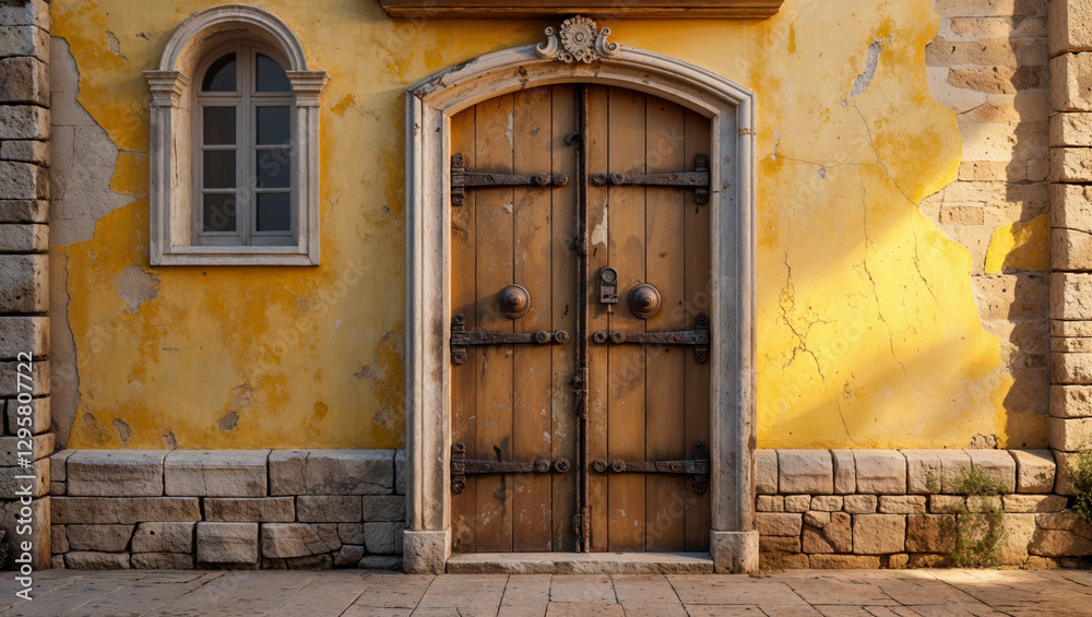 Fototapeta premium An old weathered building facade with a rustic wooden door and arched window in golden sunlight.