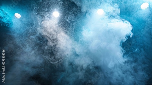 Dramatic spotlight illuminating a dark background with swirling smoke and glowing embers for cinematic texture overlays.