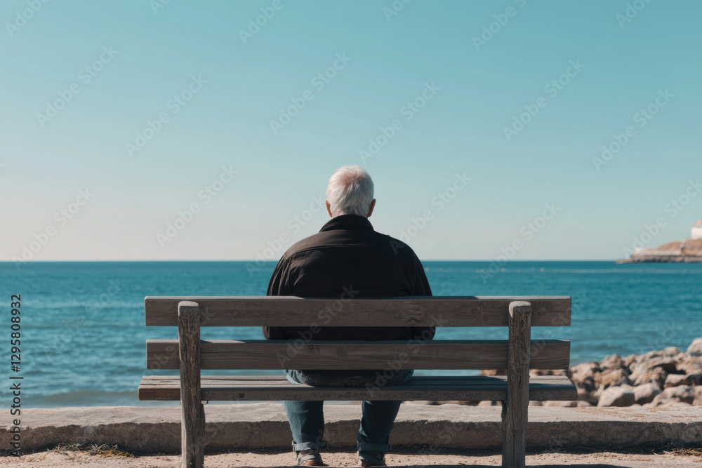 Lonely elderly man form back, sitting on bench near sea Lonely elderly man form back, sitting on bench near sea