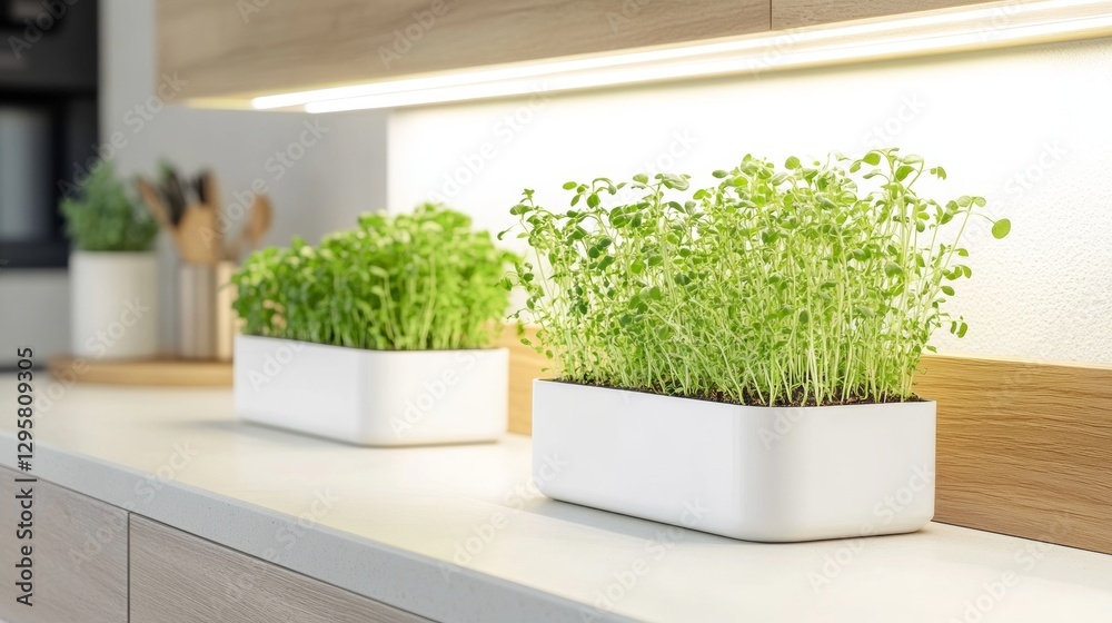 Lush microgreens thrive in a sleek hydroponic setup on a kitchen countertop enhanced by soft lighting Lush microgreens thrive in a sleek hydroponic setup on a kitchen countertop enhanced by soft lighting