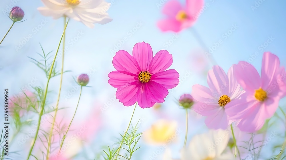 Delicate pink and white cosmos flowers bloom in the sunlight Delicate pink and white cosmos flowers bloom in the sunlight