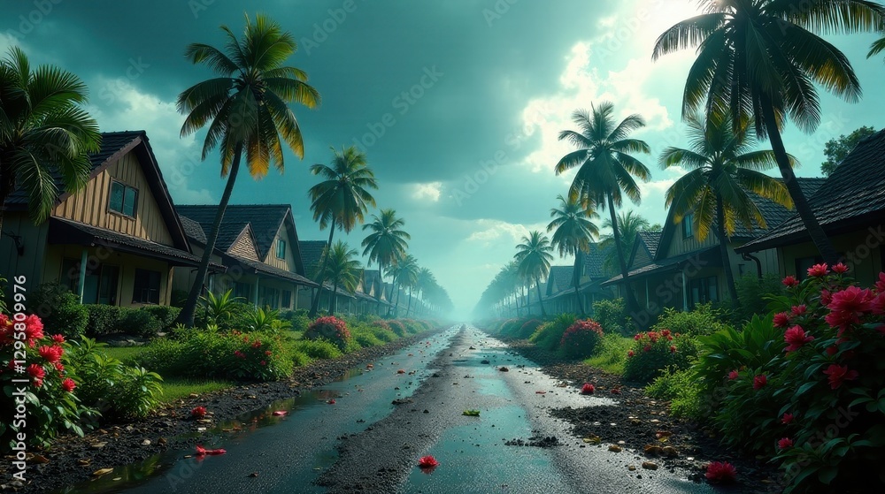 Fototapeta premium Serene tropical residential street with lush vegetation and glistening wet pavement after a gentle rain