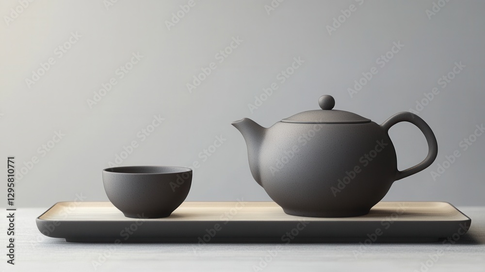 Elegant Minimalist Teapot and Cup Set on Wooden Tray with Soft Lighting for Serene Dining Atmosphere Elegant Minimalist Teapot and Cup Set on Wooden Tray with Soft Lighting for Serene Dining Atmosphere