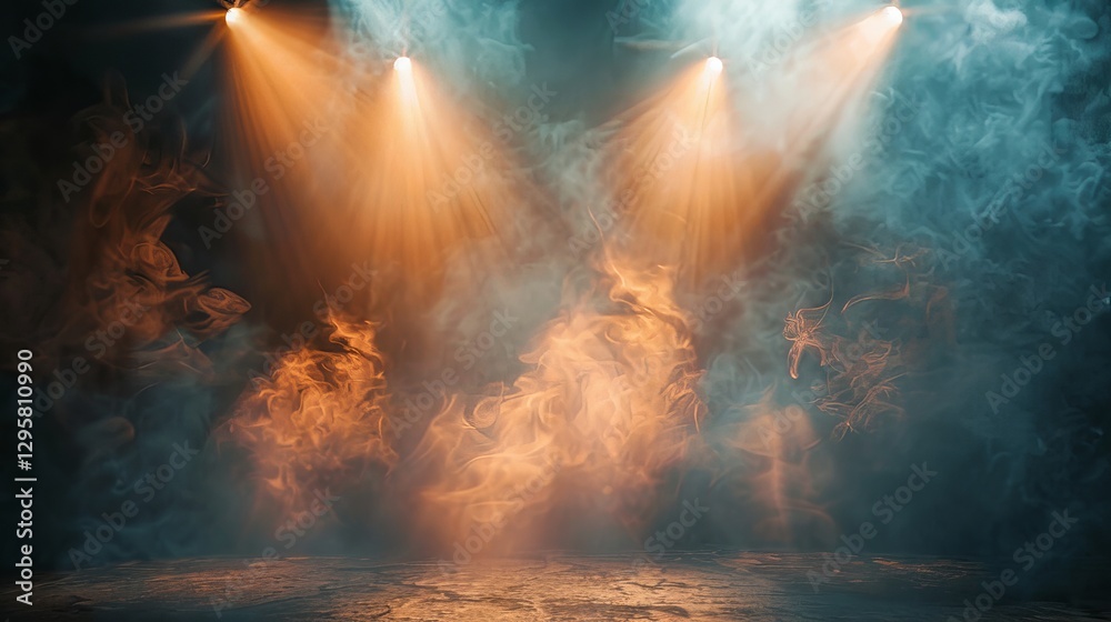 Fototapeta premium Dramatic spotlight illuminating a dark background with swirling smoke and glowing embers for cinematic texture overlays.