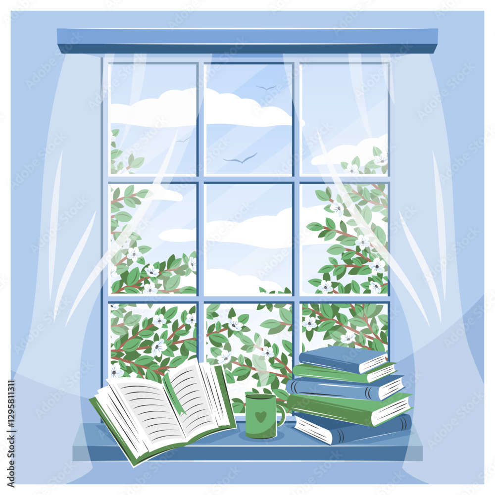 Fototapeta premium Spring window with landscape and books on the sill. Cozy vector illustration for bookstore, library, sale in bookshop.