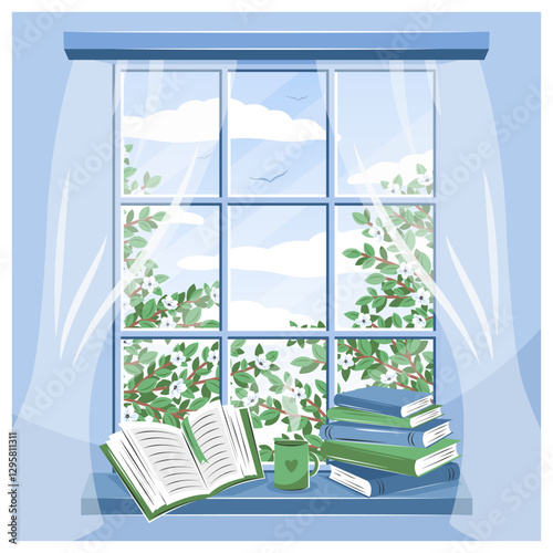 Spring window with landscape and books on the sill. Cozy vector illustration  for bookstore, library, sale in bookshop.
