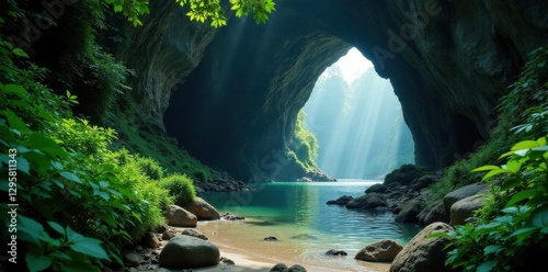Son Doong Cave entrance, lush vegetation surrounding opening, hill, breathtaking, vegetation photo