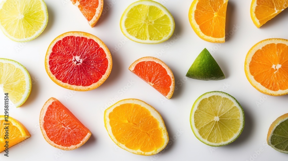 Fototapeta premium Vibrant Array of Fresh Citrus Fruits Displayed on a White Background, Featuring Slices of Lemon, Lime, Orange, Grapefruit, and More for Creative Culinary Uses