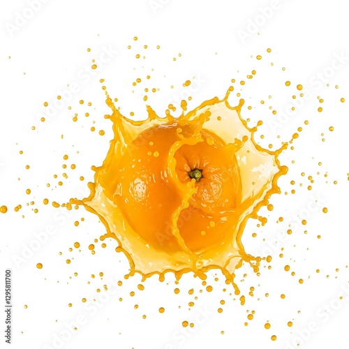 Professional studio photography, 4K, ultra-realistic style on a white background: a splash of thick orange juice in the air. An exploding orange bursts, scattering juice droplets.