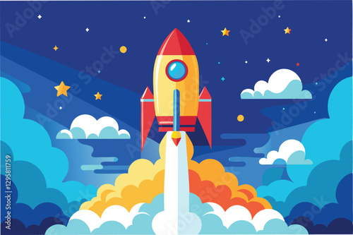 Colorful vector illustration of a rocket launching into space against a starry night sky with fluffy clouds
