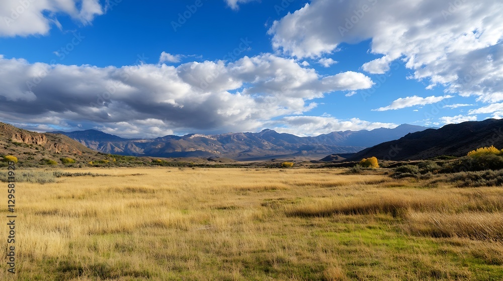 Naklejka premium Expansive Landscape of Open Fields and Mountains Under a Bright Blue Sky : Generative AI
