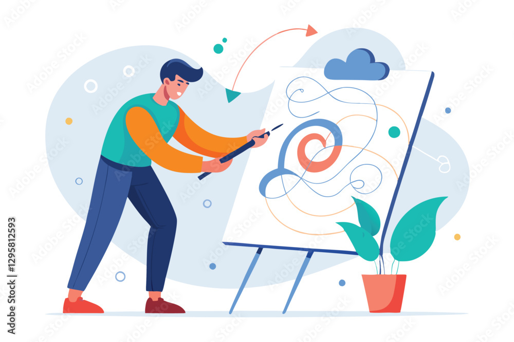 Fototapeta premium Creative individual engaged in a minimal vector illustration process with colorful elements and abstract designs in a relaxed environment