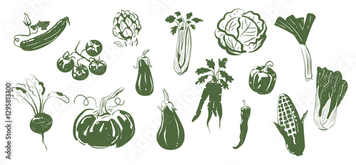 A big set of hand-drawn vegetables. Isolated. Cucumber, tomato, artichoke, celery, cabbage, leek, corn, pepper, carrot, eggplant, pumpkin, beetroot. Vector illustration of a doodle. 