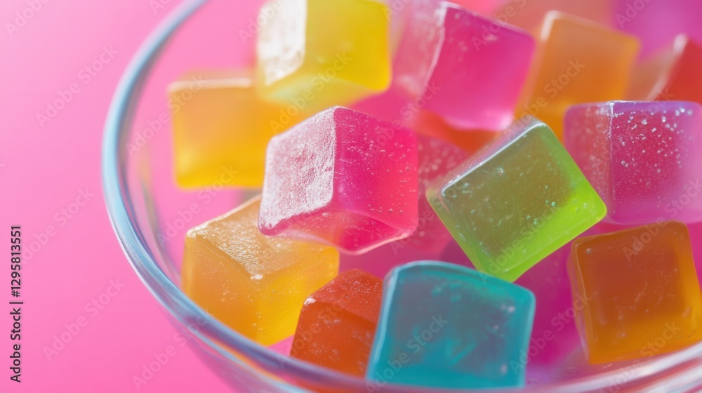 Colorful Jelly Cubes in a Clear Bowl on a Bright Pink Background Perfect for Party and Celebration Themes Colorful Jelly Cubes in a Clear Bowl on a Bright Pink Background Perfect for Party and Celebration Themes