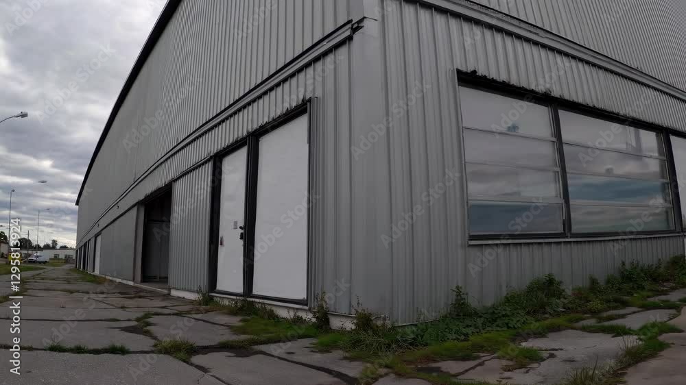 An empty property features a large warehouse with For Lease signage prominently displayed. An empty property features a large warehouse with For Lease signage prominently displayed.