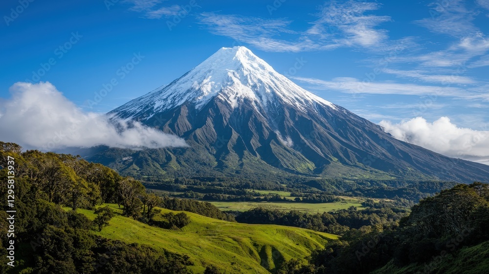 Majestic snowy mountain peak rising above a deep green valley, sharp contrasts between the white summit and lush surroundings Majestic snowy mountain peak rising above a deep green valley, sharp contrasts between the white summit and lush surroundings