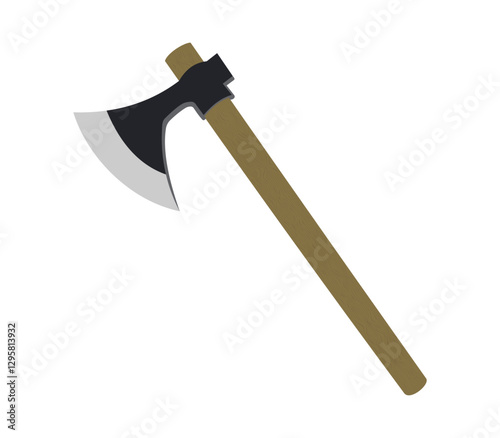 Vector illustration of an axe with a wooden handle and sharp steel blade on a white background