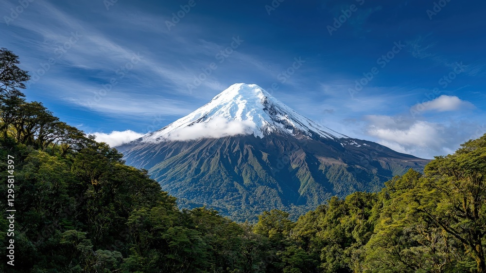 Majestic snowy mountain peak rising above a deep green valley, sharp contrasts between the white summit and lush surroundings Majestic snowy mountain peak rising above a deep green valley, sharp contrasts between the white summit and lush surroundings