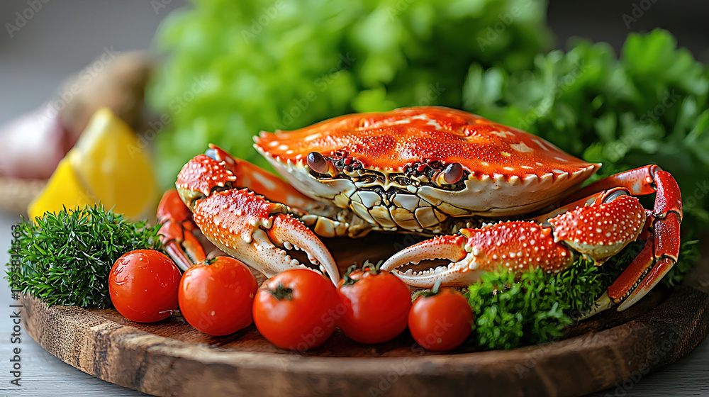 Freshly caught blue crabs surrounded by ripe tomatoes and herbs on a rustic wooden board. Generative AI Freshly caught blue crabs surrounded by ripe tomatoes and herbs on a rustic wooden board. Generative AI