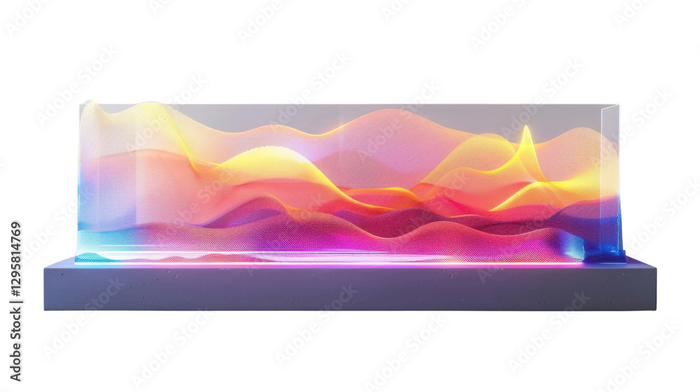 Naklejka premium Colorful particle waves flowing inside glass box on transparent background