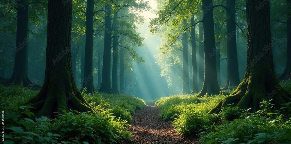 Obraz premium A dense forest with towering trees and underbrush, undergrowth, wilderness