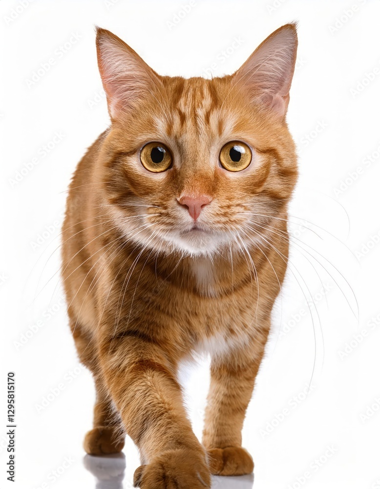 Orange tabby cat walking with focused expression Orange tabby cat walking with focused expression