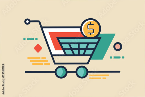 Vector illustration showcasing a minimal shopping cart with dollar signs and geometric shapes on a soft background, representing online shopping and payment concepts