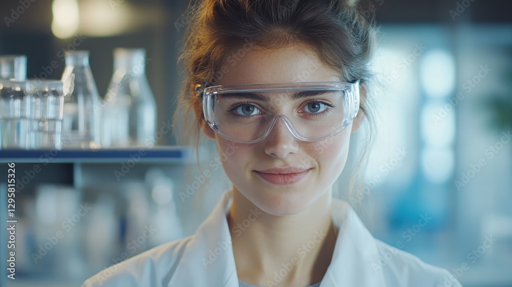 Fototapeta premium Young Female Scientist in Laboratory with Safety Goggles,Smiling and Confident,Working on Innovative Research and Experiments with Glassware in Background
