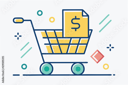 Vector illustration showcasing a minimal shopping cart with dollar signs and geometric shapes on a soft background, representing online shopping and payment concepts