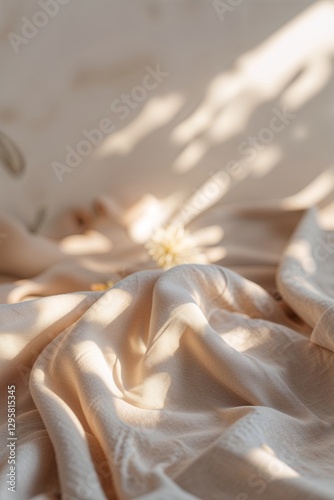 Soft beige fabric drapes gracefully under warm sunlight in a serene indoor setting
