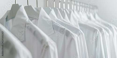 Row of clean white shirts on hangers in minimalist closet setting photo