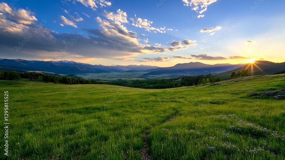 Stunning Landscape with Lush Green Grass Under a Bright Sunset in the Mountains : Generative AI Stunning Landscape with Lush Green Grass Under a Bright Sunset in the Mountains : Generative AI
