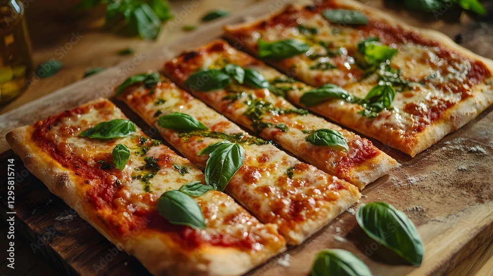 Margherita flatbread. The bread should be topped with fresh basil leaves and drizzled with olive oil. Sliced pizza on a wooden cutting board Margherita flatbread. The bread should be topped with fresh basil leaves and drizzled with olive oil. Sliced pizza on a wooden cutting board
