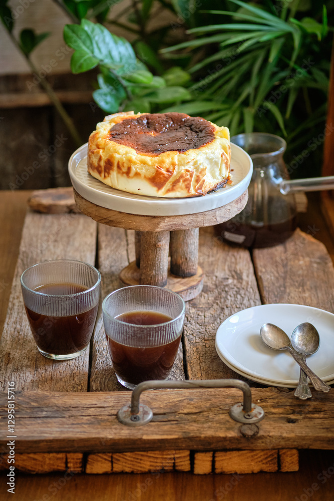 Naklejka premium basque cake with coffee. Wooden background. San Sebastian