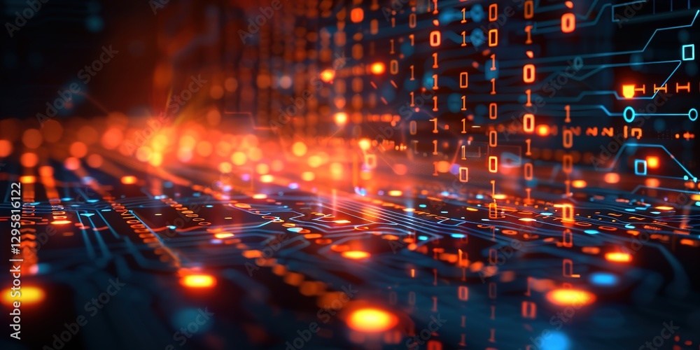 Abstract blurred bokeh effect with binary code and computer circuitry for technology themed design Abstract blurred bokeh effect with binary code and computer circuitry for technology themed design