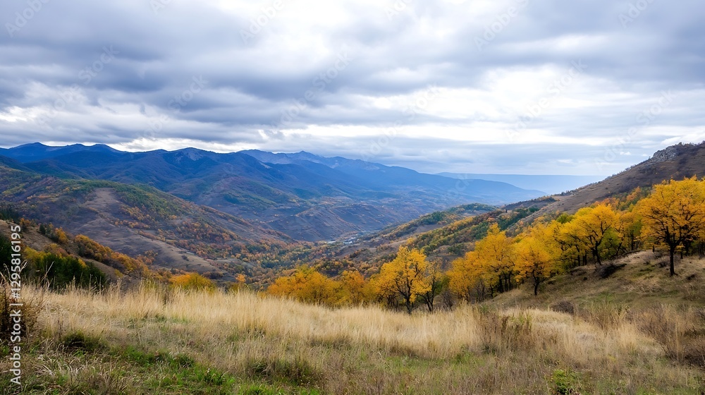 Fototapeta premium Vast Mountain Landscape with Autumn Colors and Overcast Sky in Nature's Splendor : Generative AI