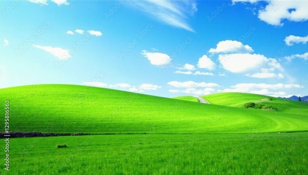 Vast green lawn, winding path, blue sky backdrop , outdoor, serene Vast green lawn, winding path, blue sky backdrop , outdoor, serene
