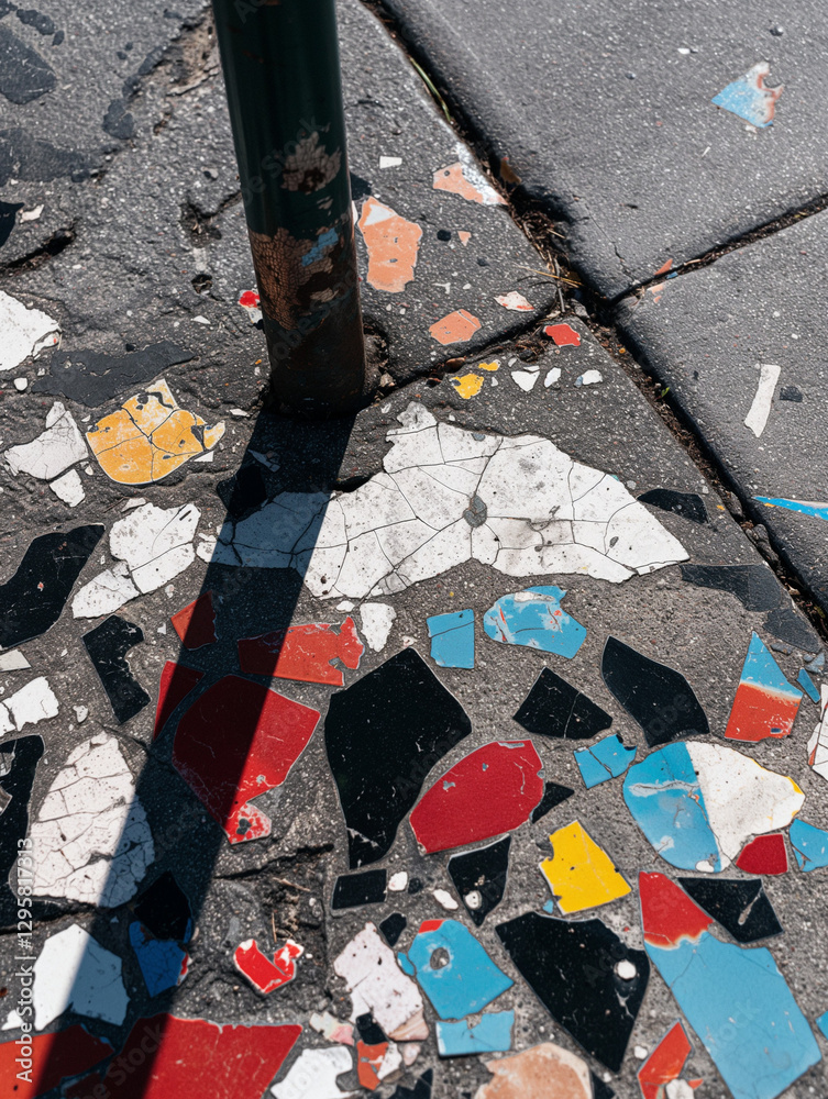 Fototapeta premium Urban Texture: Colorful Paint Splatters by a Pole on Sidewalk